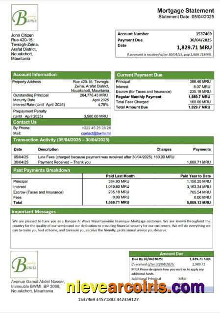 Mauritania Banque Al Wava Mauritanienne Islamique mortgage statement Word and PDF template